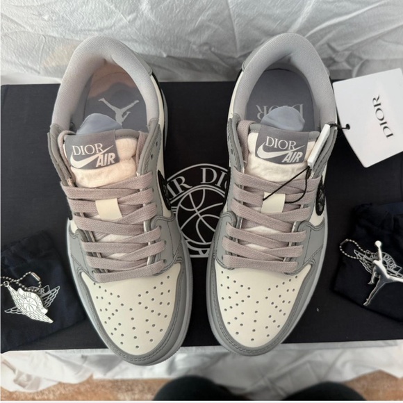 Dior x Air Jordan 1 Low Sneakers - gray & white leather w/Dior MM navy Swoosh. - Picture 3 of 8